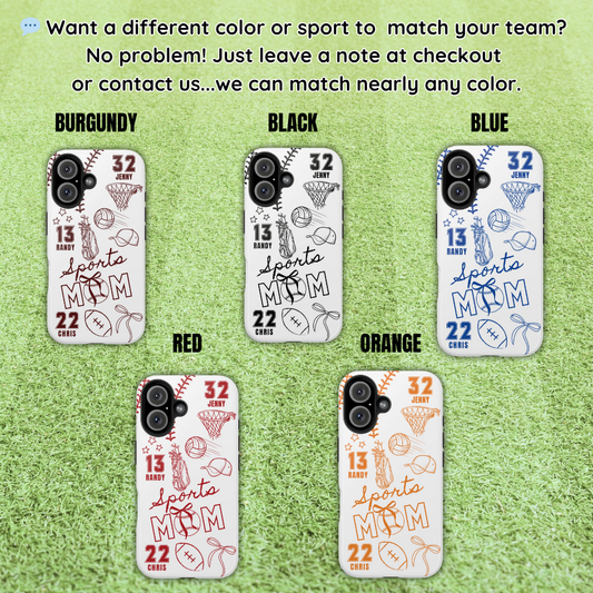 Personalized Sports Mom Phone Case – Custom Name, Number, Color, Sport – Fits iPhone & Samsung – Sport and Team Color Options Available, Free Shipping 🎉